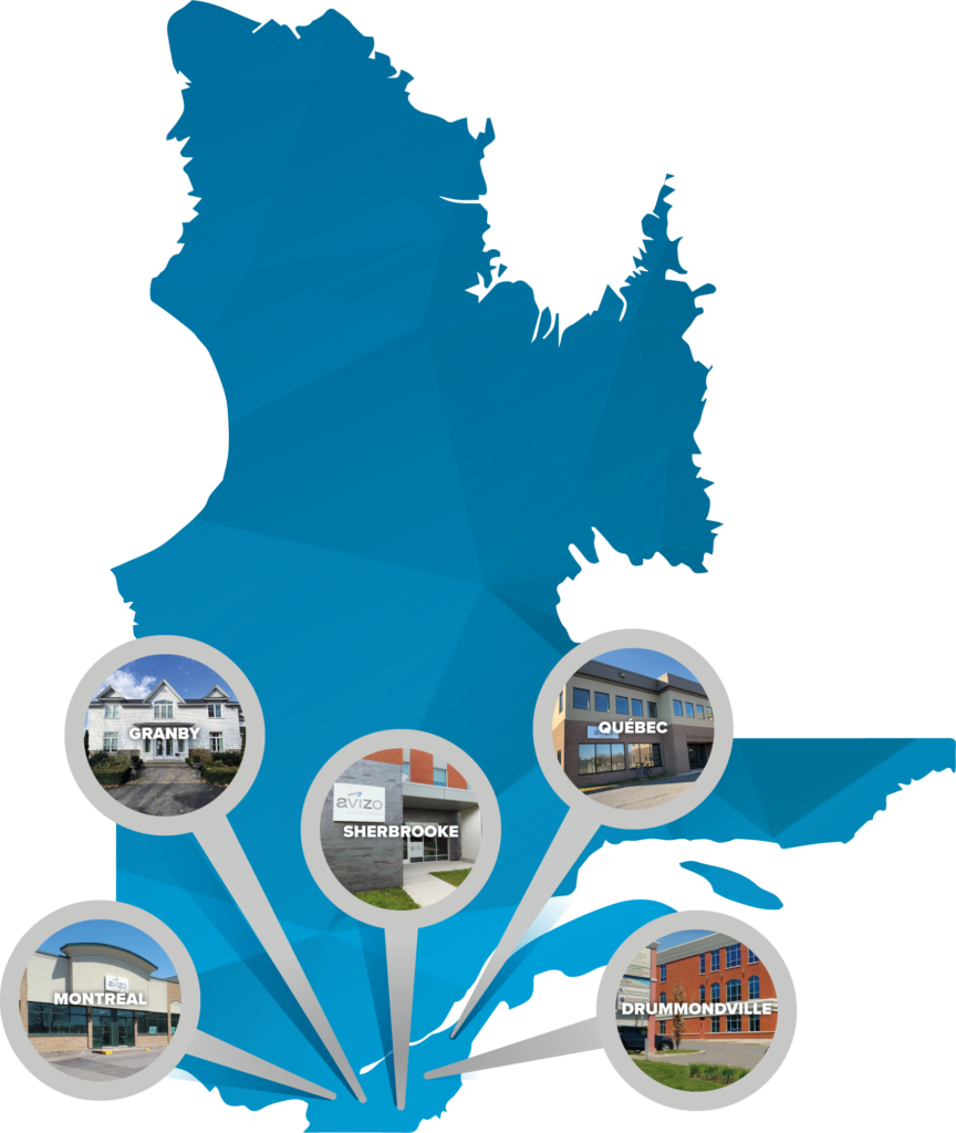 Map of the province of Quebec with Avizo Consulting's 5 offices