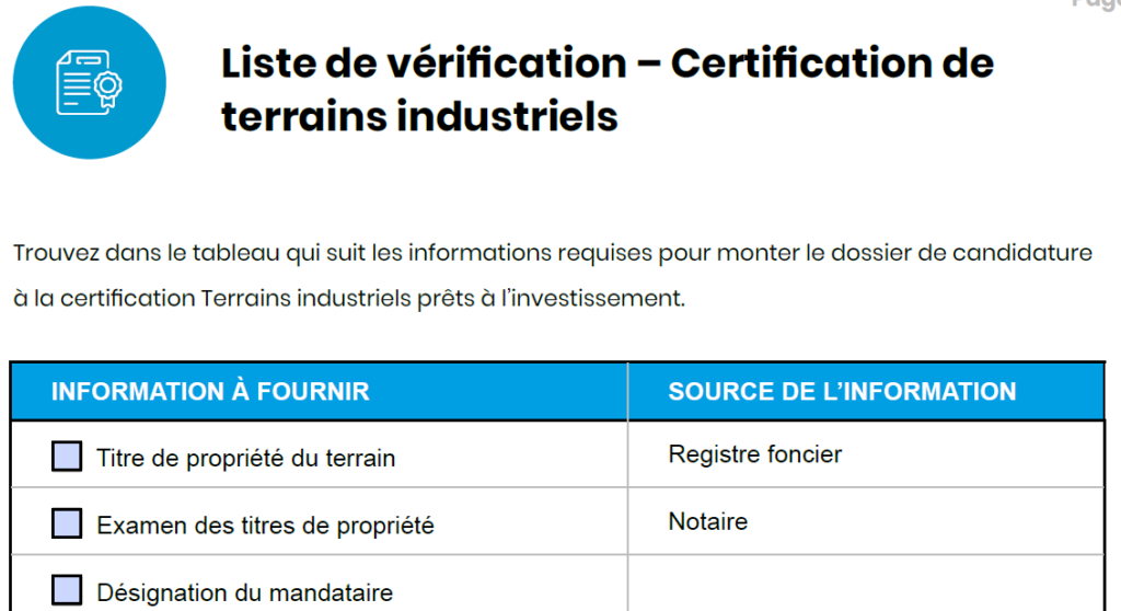 aperçu d'une liste de vérification pour la certification de terrains industriels