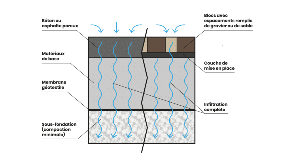 Vue de coupe infiltration complète sur revêtement perméable et sur bloc de béton avec joints perméables